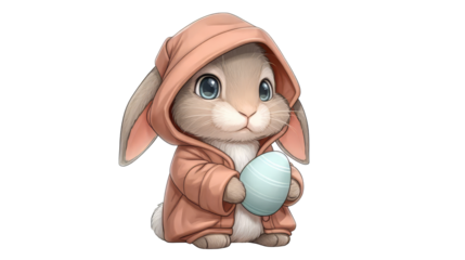 Cute cartoon bunny in a pink hoodie holding a pastel blue egg, designed for Easter celebrations and spring-themed illustrations with copy space. isolated image, transparent background