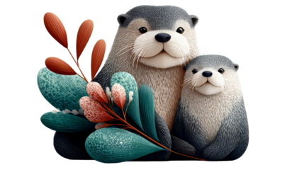 Cute otter illustration featuring a mother and baby otter surrounded by colorful aquatic plants in a playful and vibrant design. isolated image, transparent background