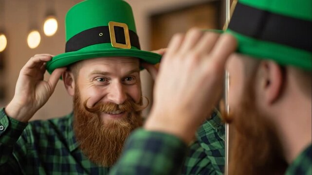 Bearded red haired man enthusiastically adjusts green hat in mirror, preparing for St. Patrick's Day party, conveying excitement and Irish holiday celebration.