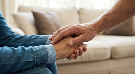 Close-up of a Southeast Asian man's hand comforting a woman's hands during a supportive therapy session indoors, showing empathy and care for mental health and wellness.