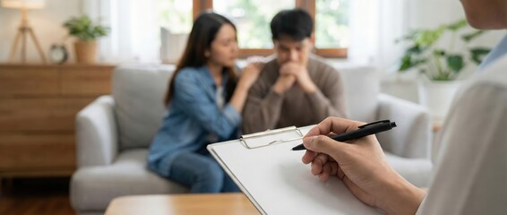 Professional Asian counselor taking notes on a clipboard during a relationship therapy session with a young couple seeking emotional support in a bright, modern indoor clinic.