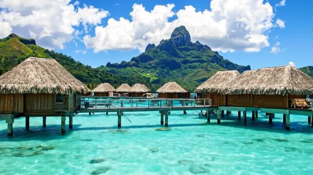Picturesque tropical resort featuring overwater bungalows with thatched roofs and turquoise waters.
