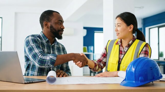 Diverse adult male engineer and professional female contractor shaking hands in a bright indoor office, wearing safety vest and plaid shirt, successful agreement on a construction project. - Powered by Adobe