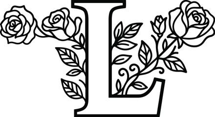  Elegant Minimalist Monogram 'L' Logo Design with Intricate Black Line Art Floral Accents, Vector Style Rose Illustration, Clean Black and White Aesthetic for Branding, Weddings, and Fashion in 2026