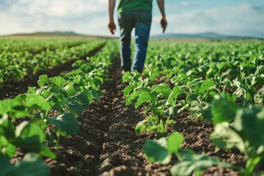 An individual walks along rows of vibrant young plants in a vast agricultural field, observing the healthy growth.