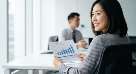 Confident smiling young East Asian professional woman in a striped blouse holding a financial report with charts while collaborating with colleagues in a bright modern office, corporate teamwork.
