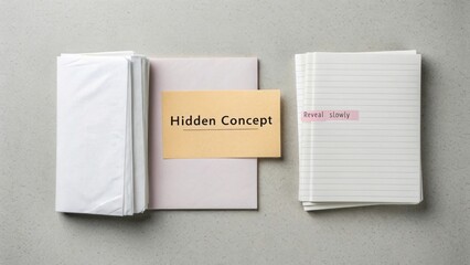 A hidden concept revealed on a piece of paper with stacked documents and a notebook on a clean surface