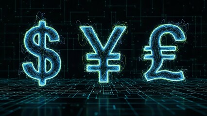 Dollar Yen and Pound currency symbols glowing neon lights.
