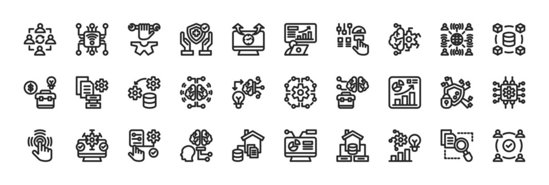 data driven business systems icon collection outline style. containing collaboration, iot, maintenance, safety, uptime, mentoring, control, machine learning, connectivity, big data