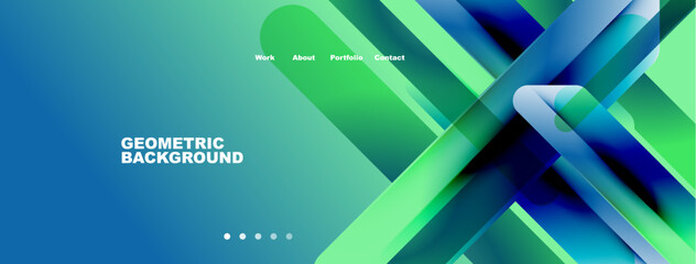 Abstract geometric background. Vibrant colors blend, creating dynamic visual effect. Navigation menu present, text visible.