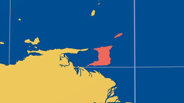 Trinidad and Tobago on Globe. Animated zoom into the country in Ocean Blue Golden Yellow color palette. Trinidad and Tobago logo animation. Map with meridians, parallels. Classy video.