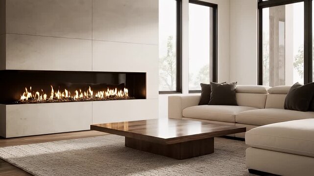 Modern Living Room with Contemporary Fireplace and Elegant Decor.