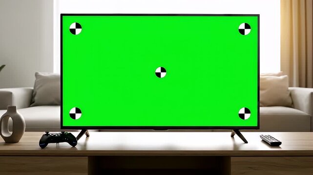 Modern Living Room with Green Screen TV and Tracking Markers for Easy Content Insertion.