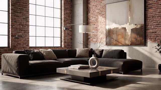 Modern Industrial Loft Living Room with Sectional Sofa and Coffee Table.