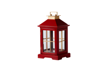 Red decorative lantern lamp with glass panels and handle, isolated on transparent background