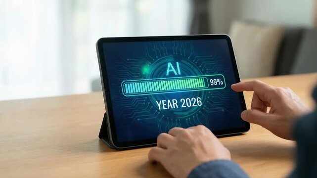 Ai progress bar concept on digital tablet hand touch screen technology update futuristic interface cyber data network innovation year 2026