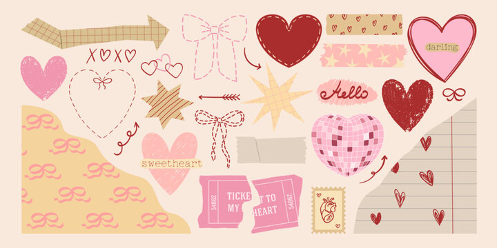 Set of various cut-out elements, doodle hearts, frames and textures for Valentine's day decoration. Vintage craft clip arts for love letter and collage design. Cute vector graphic