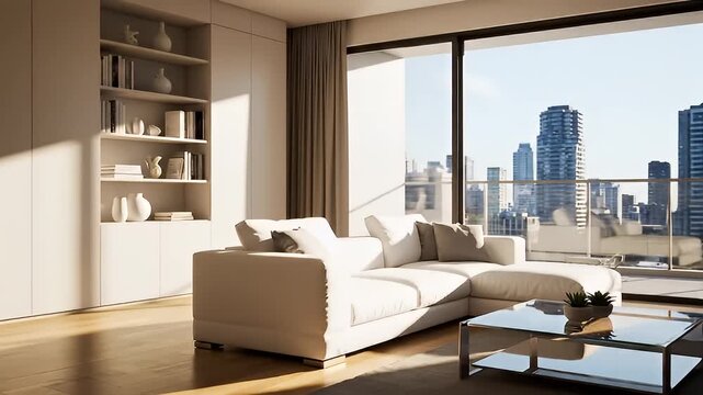 Modern Living Room with City View and Cozy Sofa.