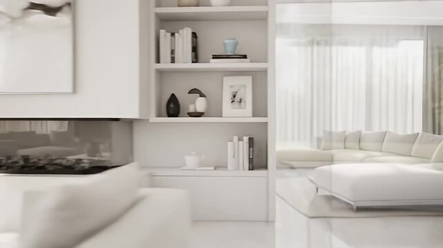 Modern Minimalist Living Room with Fireplace and Large Windows.