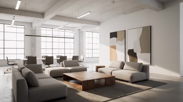 Modern Office Interior with Conference Room and Lounge Area, Bright and Spacious Workspace.