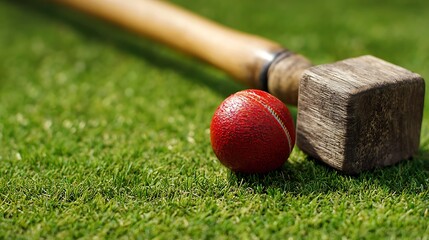 A wooden baseball bat and red cricket ball rest on the green grass of a field, showcasing sports equipment for a game on a lawn