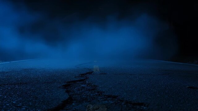 Mysterious Blue Smoke Billowing from Cracked Ground at Night.