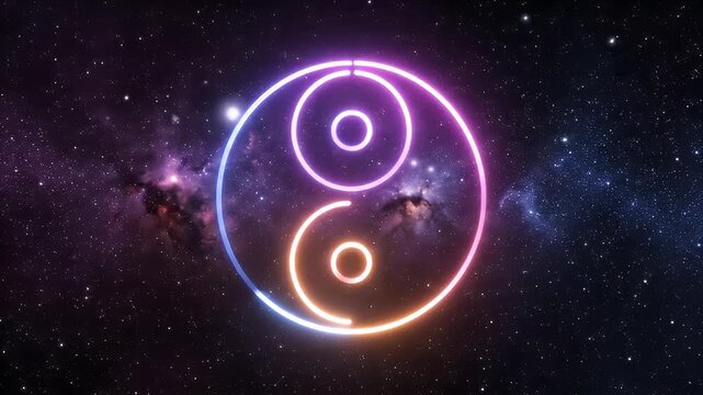 Neon Yin Yang Symbol Glowing in Space with Stars and Nebula.