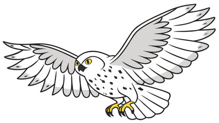 Fototapeta premium A beautiful snowy owl in flight with outstretched wings is depicted as a striking silhouette