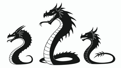 Fototapeta premium Intricate black dragon design featuring three serpentine forms with detailed scales and horns a striking silhouette