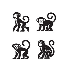 Set of monkey icon logos in flat vector style on a clean background, featuring playful animal symbols ideal for kids branding, mascots, logos, illustrations, and modern graphic design templates