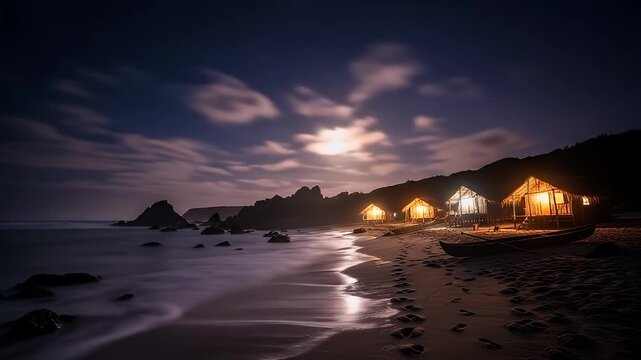 Nighttime Beach Camping Under a Full Moon with Illuminated Tents and Ocean Waves.