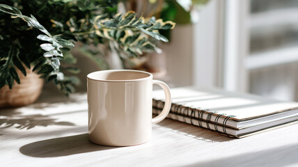 Desk mug mockup with notebook and plant, minimal workspace