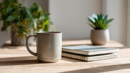Desk mug mockup with notebook and plant, minimal workspace