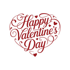 Happy Valentine's Day calligraphic lettering in heart shape with decorative swirls and red hearts on white background