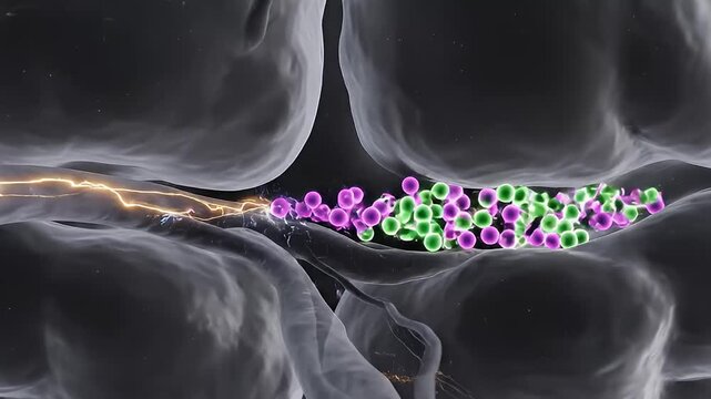 Neural Network Activity and Synaptic Transmission in the Human Brain, Illustrating Electrical Impulses and Neurotransmitter Release.