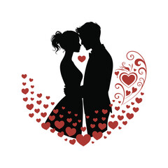 Silhouette of a Romantic Couple Embracing Surrounded by Red Hearts on White Background