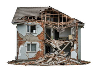 Destruction event of house interior urban ruins isolated on transparent background