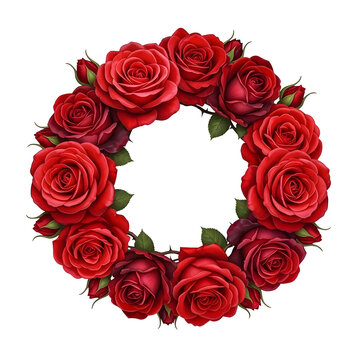 Red rose wreath arranged in a perfect circle. Elegant floral decoration ideal for romance, weddings, and Valentine designs. Isolated on white or transparent background. PNG format.
