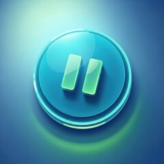 Glassy blue pause button with neon green bars, shiny reflective surface