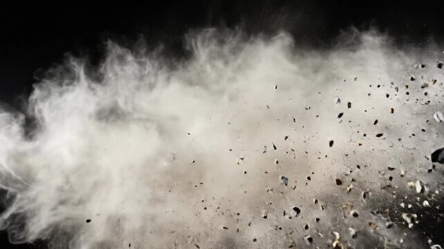 Dramatic explosion of dust and debris against a stark black background, creating dynamic visual.