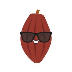 Cocoa bean with glasses, cute and fun cartoon character, big eyes, emotions joy delight, happy smiling face, kawaii style, vector children's illustration.