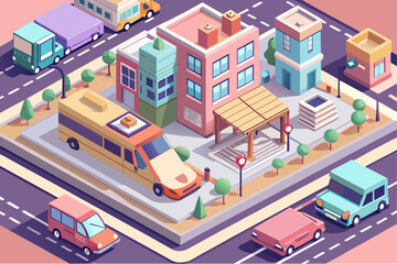 Fototapeta premium Isometric illustration of a city block with cars, buildings, trees and streets in a colorful and clean urban environment
