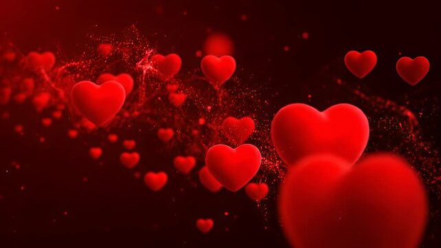 Romantic Red Hearts Floating and Pulsating on a Dark Background with Subtle Light Effects.