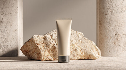 Minimal cosmetic tube mockup standing on stone surface
