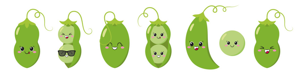 Green pea pod set, cute and fun cartoon character, tasty and healthy vegetables, big eyes, emotions joy delight, happy smiling face, kawaii style, icon vector children's illustration.