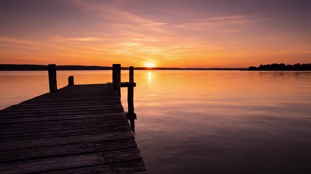 Serene Sunset Over Calm Lake with Wooden Dock.
