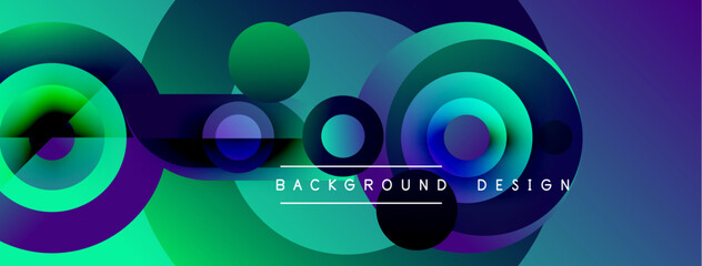 Obraz premium Abstract colorful circles overlap creating dynamic background. Gradient shades blend, forming modern design element. Text reads background design.