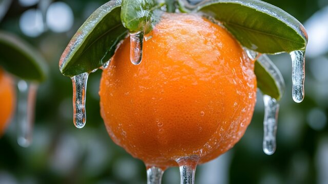 Frozen orange fruit on tree covered in ice during winter freeze