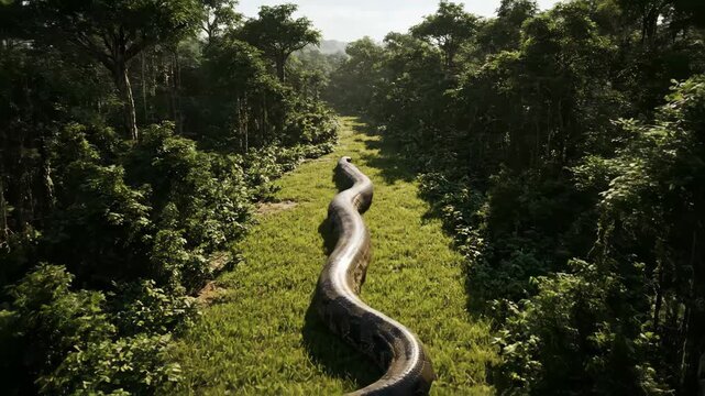 Massive Giant Snake Slithering Through Dense Forest Surreal Wildlife Fantasy Scene Aerial View