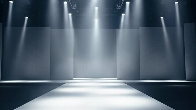 Empty fashion runway illuminated by spotlights, ready for a show.